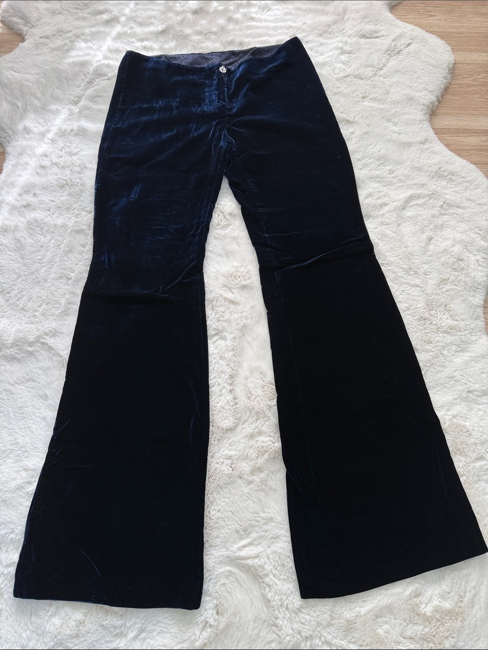 Vintage Goth Lolita 80s 90s Y2K Tory Burch Dark Navy Blue Velvet Flare Pants